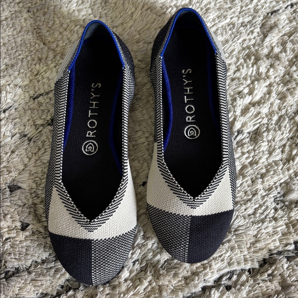 ROTHY’S Women’s Washable Cream Black Plaid Round Toe Ballet Flat Shoes Size 8
